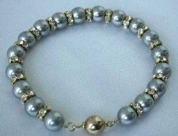 7.5"" 8mm gray sea shell pearl rhinestone bracelet