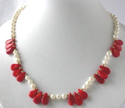 18"" white FW pearl red seed coral necklace