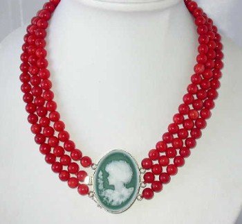17""-19"" 3-rows 8mm red round coral agate clasp