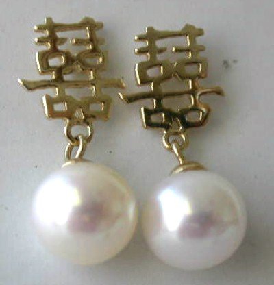 Brand 14K Chinese AA 8MM white pearl dangling earring