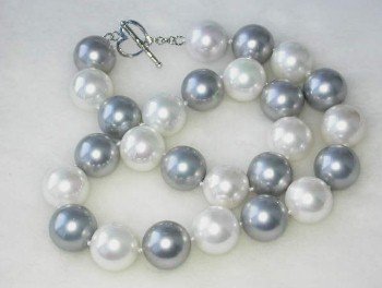 17"" 16mm white gray shell pearl-silver clasp