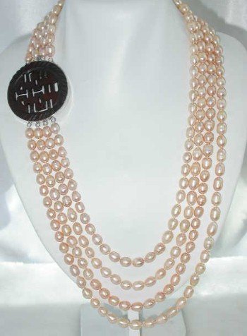 26""-32"" 8-10mm pink pearl-925 silver carved agate clasp