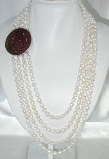 26""-32"" 8-10mm white pearl-925 silver carved agate clasp