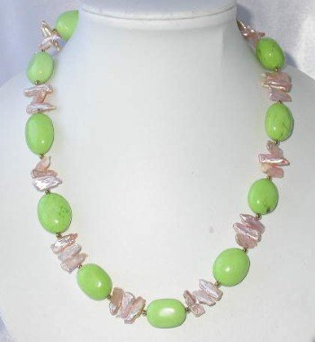 19"" green turquoise bead pink biwa pearl necklace