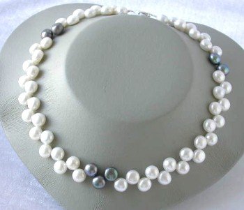 16""8-9mm white black floral pearl necklace
