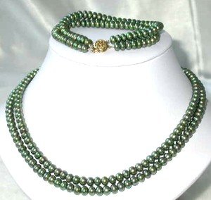 9K 17""-18"" 6-7mm green pearl necklace bracelet set