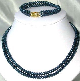 17""-18"" 5-6mm dark blue pearl necklace bracelet set