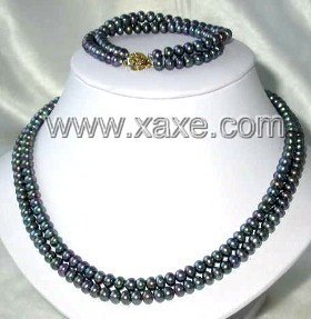 9K double 6-7mm AA peacock pearl necklace/bracelet set