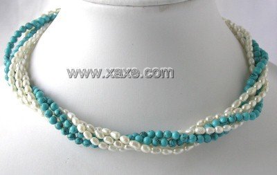 17"" Five rows white pearl blue turquoise necklace