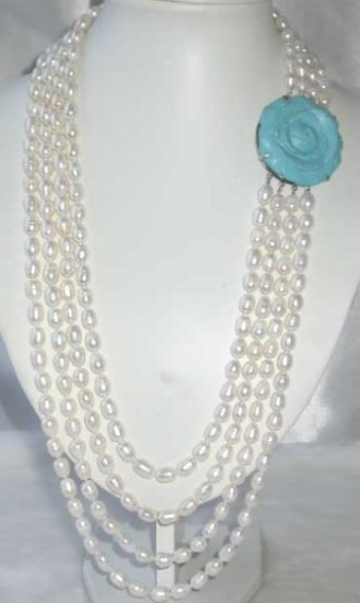 27""-33"" 4-rows 9-10 white pearl blue turquoise clasp