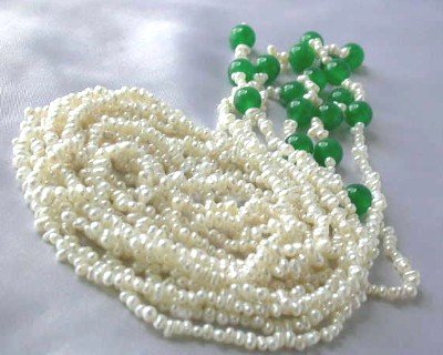 47"" 3-strands white pearl green jade beads necklace