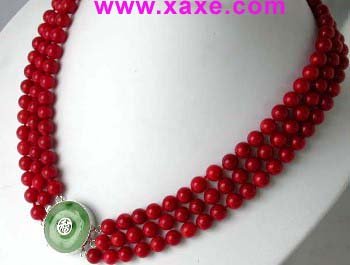 18""-20"" 3-rows 8mm red round jade clasp necklace