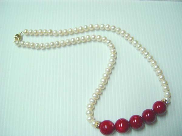 white pearl with red coral bead necklace