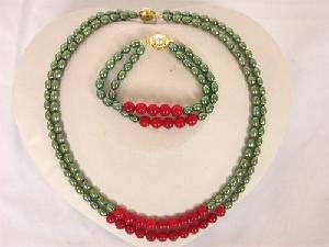 16""-17"" 2rows 5*7mm green Pearl red coral necklace set