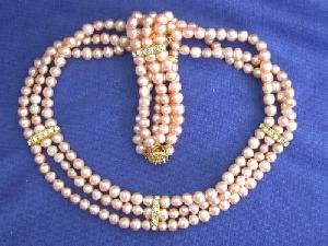 Beautiful! 16"" 3rows 5-6mm pink cultured FW Pearl Necklace and m