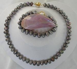 Beautiful! 17"" 6*8-6*9mm black cultured freshwater Pearl Necklac