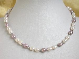 16"" rice-shape 5*6mm white purple FW pearl gild bead necklace
