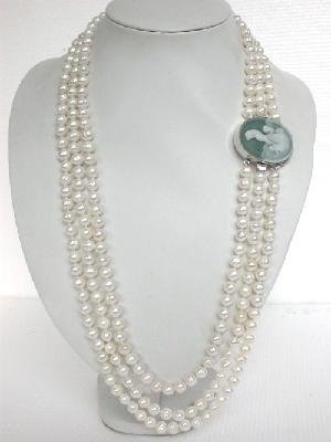 26""-30"" 3rows white pearl Necklace&shell 925silver clasp