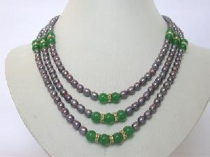 Beautifu! 18""-20"" 3rows purple Pearl green jade necklace