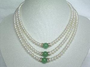 Beautiful! 15""-17"" 3rows white cultured FW pearl&jade necklace