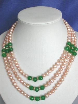 Beautiful! 15.5-18.5"" 3rows pinkFW pearl & jade necklace