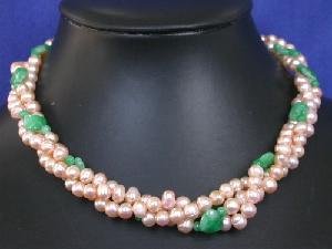 Beautiful! 16"" 3rows 5-6mm pink FW Pearl&green jade necklace