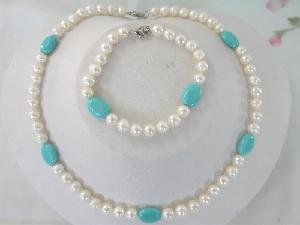 Beautiful! 16"" 7-8mm white FW Pearl and Turquoise Necklace set