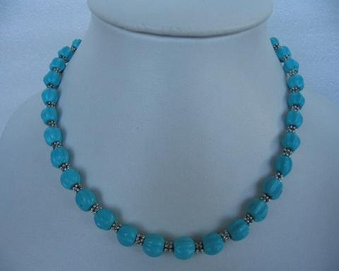 17.5"" 8mm natural turquoise carved ball necklace