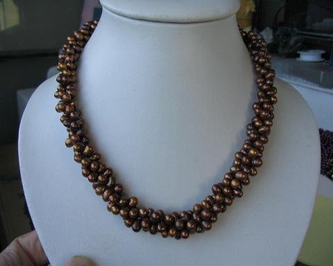 17"" 6*7mm 3 strands brown color F/W pearl necklace