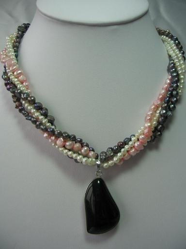 18"" 5 stands natural pearl&obsidian pendant necklace