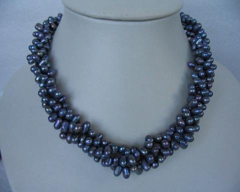 17"" 6*7mm 3 strands blue color F/W pearl necklace