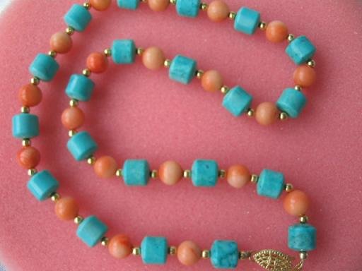 17"" pink coral turquoise column necklace