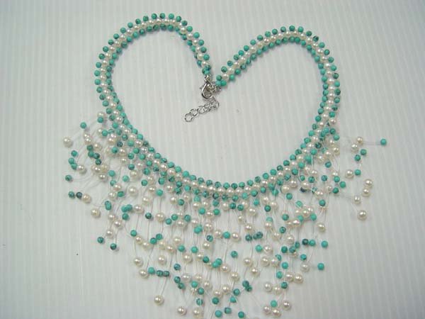 17"" beauty 4-5mm white pearl knit with green turquoise necklace