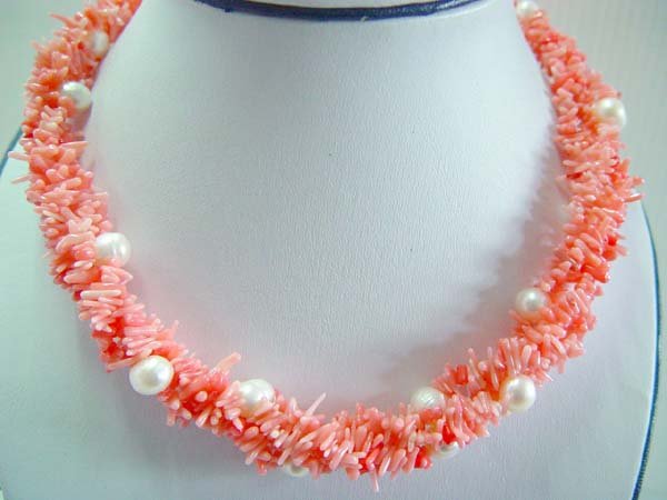 17.5"" pink coral branch with white pearl beads necklace
