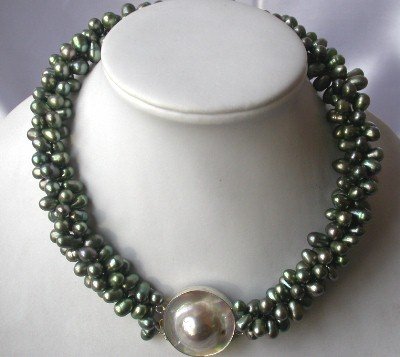 17.5""3-rows dark green pearl/mabe clasp necklace