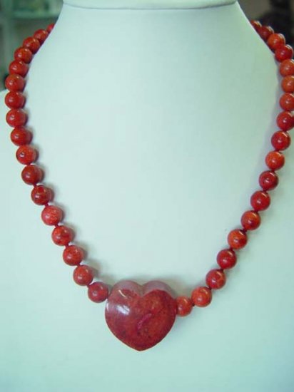 17.5'' 12mm red sponge coral necklace + heart pendant