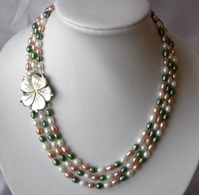 18""-20"" 3-stands Grade AA multicolor pearl& black shell clasp