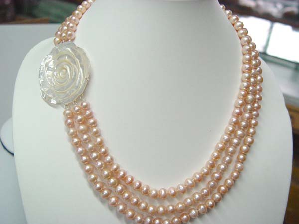 18""-20"" 3-stands AA pink pearl&rose shell clasp