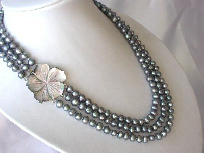 18""-20"" 3-stands Grade A peacock blue pearl&shell clasp