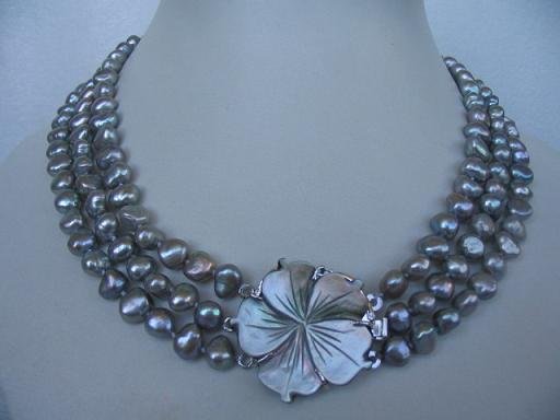 18""-20"" 3-stands gray pearl& flower shell clasp