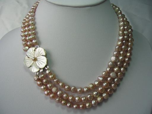 18""-20"" 3-strands pink pearl& flower shell clasp
