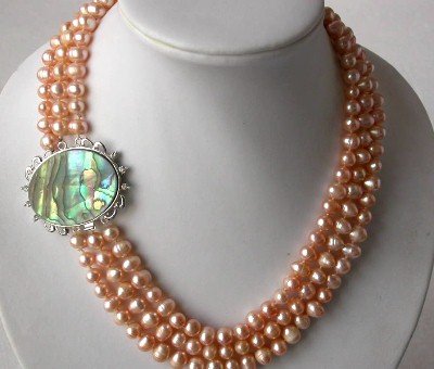 18""-20"" 3-strands pink pearl &Abalone shell clasp