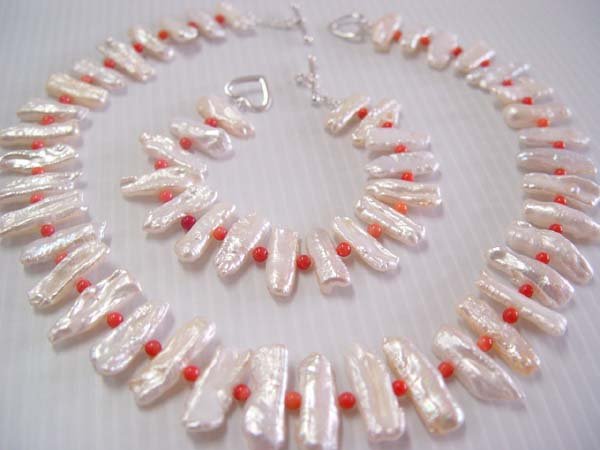 18""/7.5'' biwa pearl /coral bead necklace/bracelet set