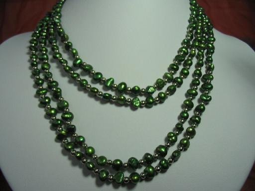 32'' 2-strands green pearl necklace w/ 18kgp ring