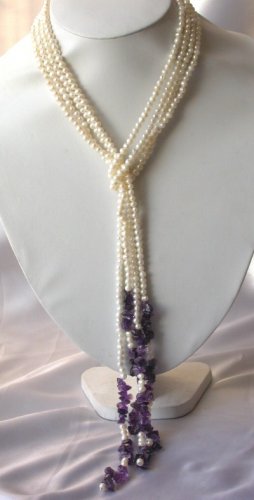 48""natural mini pearl with purple crystal necklace