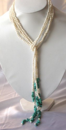 48""natural mini pearl with turquoise necklace
