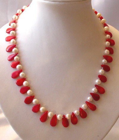 graceful 17.5"" white pearl and red coral necklace