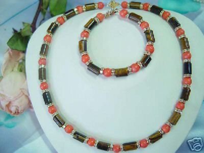 coral bead & tiger eye stone tube necklace/bracelet set
