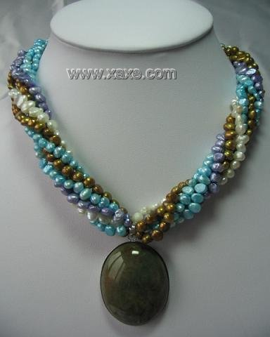 18"" 6-strand multicolor flat pearl with agate pendant