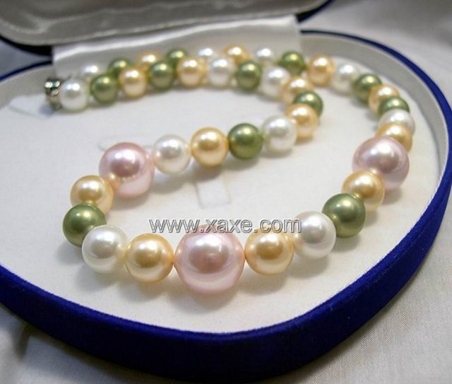 10MM-14MM L.MULTI-COLORS SEA SHELL PEARL NECKLACE 925S